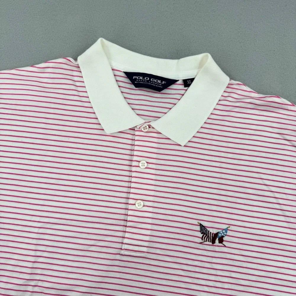 Polo Golf Ralph Lauren Mens XL Pink‎ Striped Short Sleeve Performance Polo Logo